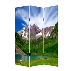 HomeRoots 48 Multi-Color Mountain Peaks Wood Canvas Room Screen - Stylish 3-Panel Folding Privacy Divider 274633