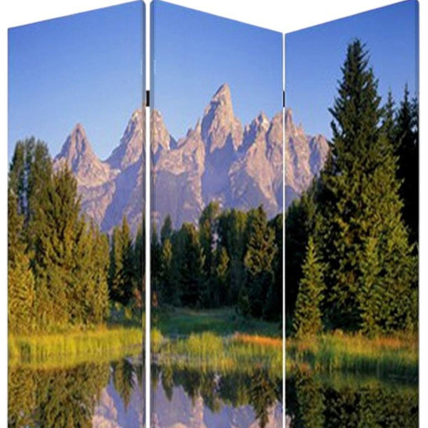 HomeRoots 48 Multi-Color Mountain Peaks Wood Canvas Room Screen - Stylish 3-Panel Folding Privacy Divider 274633