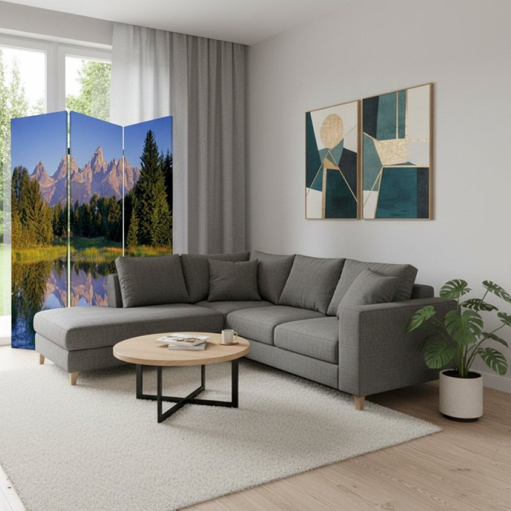 HomeRoots 48 Multi-Color Mountain Peaks Wood Canvas Room Screen - Stylish 3-Panel Folding Privacy Divider 274633