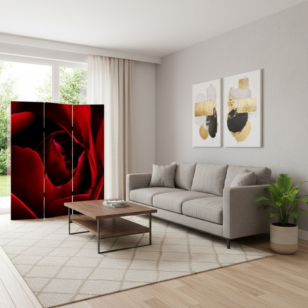 HomeRoots 48 X 72 Multi-Color Wood Canvas Rose Screen - Versatile 3-Panel Room Divider with Artistic Flair 274637