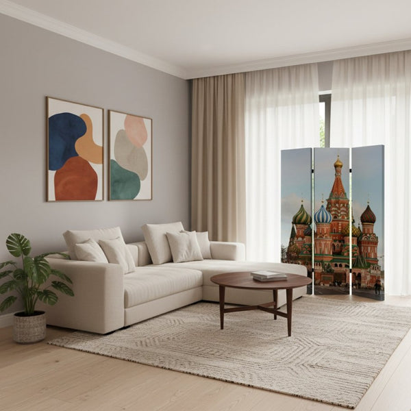 HomeRoots 48" Vibrant Red Blue and White Wooden Canvas Folding Screen - Stylish Room Divider for Any Space 274639