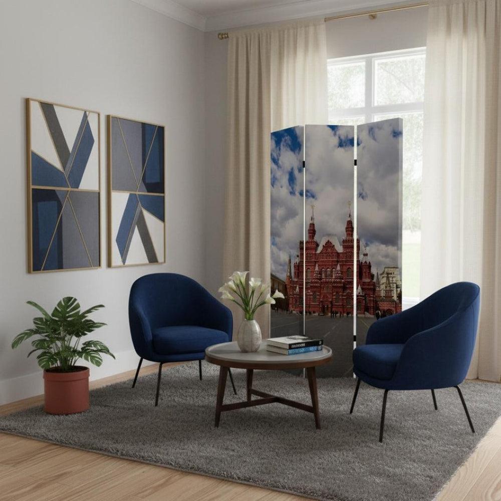 HomeRoots 48" Vibrant Red Blue and White Wooden Canvas Folding Screen - Stylish Room Divider for Any Space 274639
