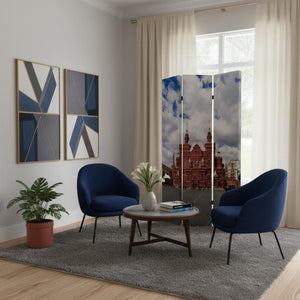 HomeRoots 48" Vibrant Red Blue and White Wooden Canvas Folding Screen - Stylish Room Divider for Any Space 274639