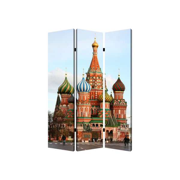 HomeRoots 48" Vibrant Red Blue and White Wooden Canvas Folding Screen - Stylish Room Divider for Any Space 274639