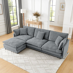 English Elm Modern Sectional Convertible Sofa with Ottoman, Oversized L-Shaped 4-Seater Towel Fabric Comfort Grey W1413S00079