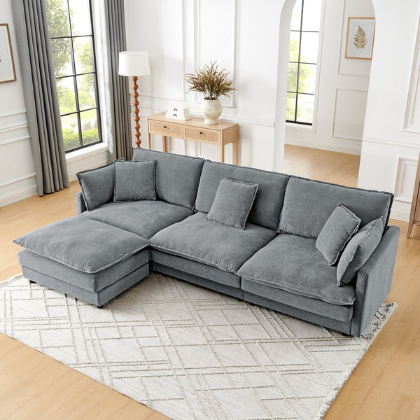 English Elm Modern Sectional Convertible Sofa with Ottoman, Oversized L-Shaped 4-Seater Towel Fabric Comfort Grey W1413S00079