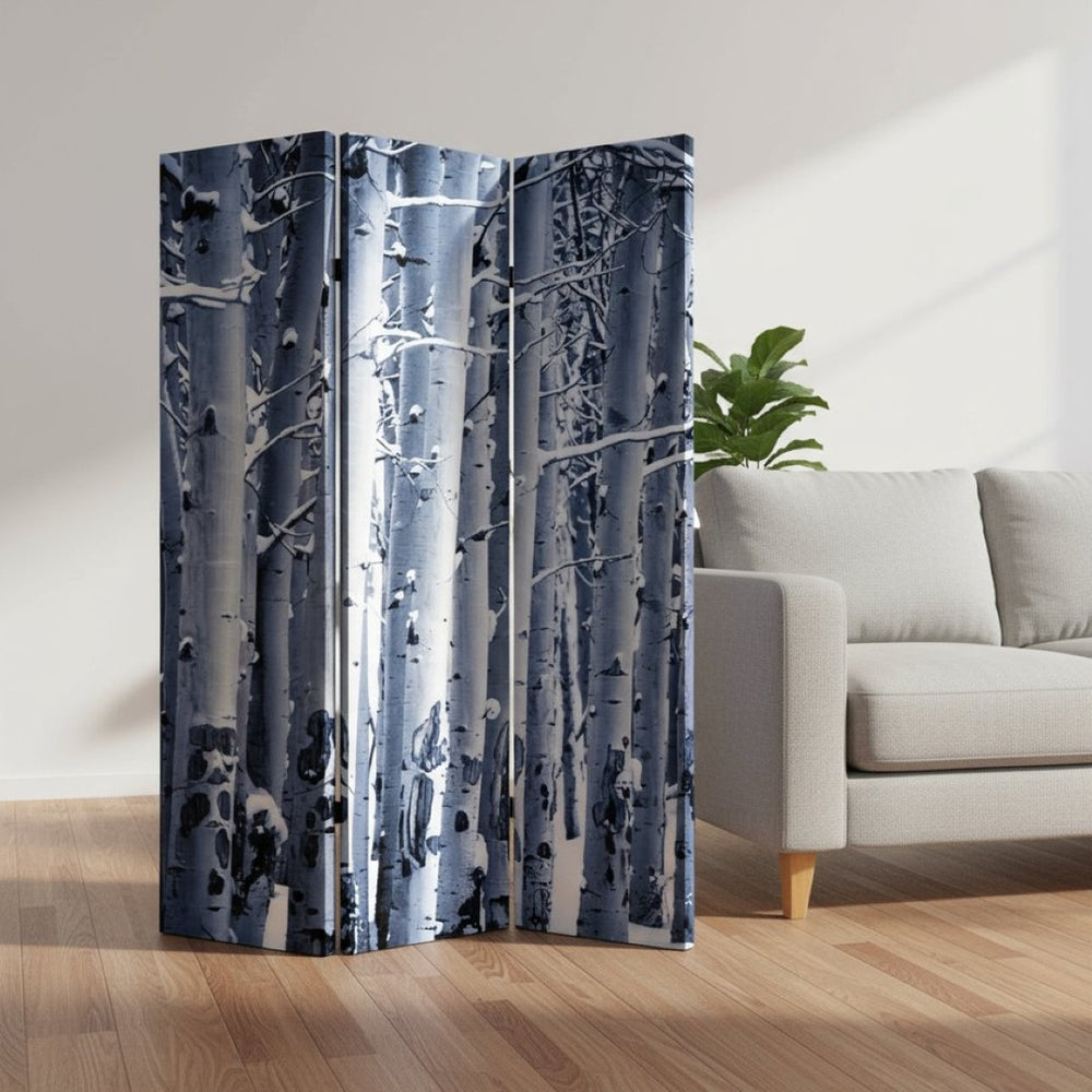 HomeRoots 48" Gray and White Wood Canvas Birch Screen - Elegant 3-Panel Folding Divider for Modern Spaces 274652