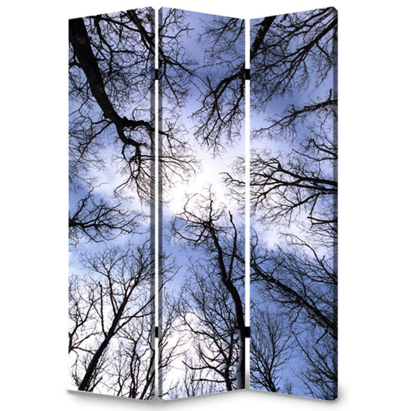 HomeRoots 48" Multi Color Wood Canvas Forest Room Divider - Elegant Three-Panel Folding Screen for Any Space 274653