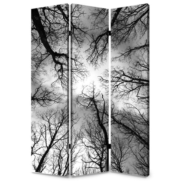 HomeRoots 48" Multi Color Wood Canvas Forest Room Divider - Elegant Three-Panel Folding Screen for Any Space 274653