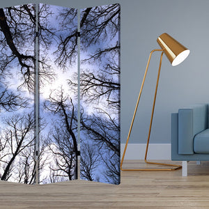 HomeRoots 48" Multi Color Wood Canvas Forest Room Divider - Elegant Three-Panel Folding Screen for Any Space 274653
