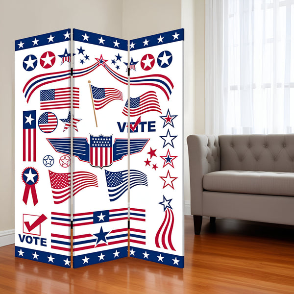 Homeroots 72" Blue And White Canvas Folding Three Panel Screen Room Divider  Cotton Canvas 274656