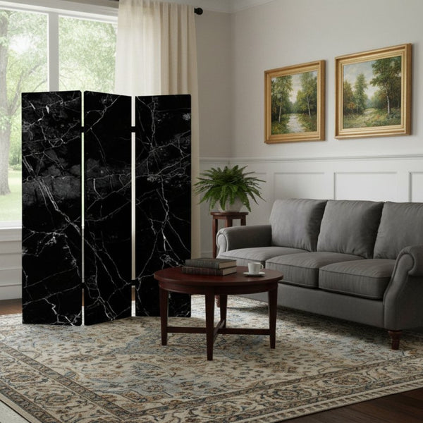 HomeRoots 48" X 72" Multi Color Wood Canvas Folding Screen - Stylish Partition with Black Marble Design & Flexibility 274659
