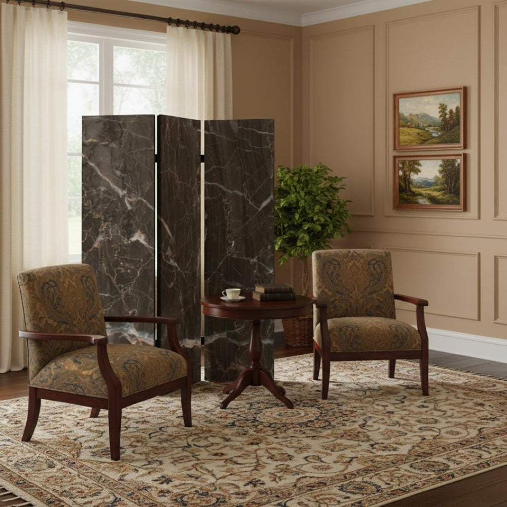 HomeRoots 48" X 72" Multi Color Wood Canvas Folding Screen - Stylish Partition with Black Marble Design & Flexibility 274659