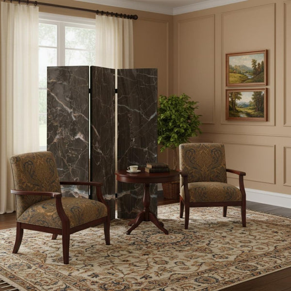 HomeRoots 48" X 72" Multi Color Wood Canvas Folding Screen - Stylish Partition with Black Marble Design & Flexibility 274659