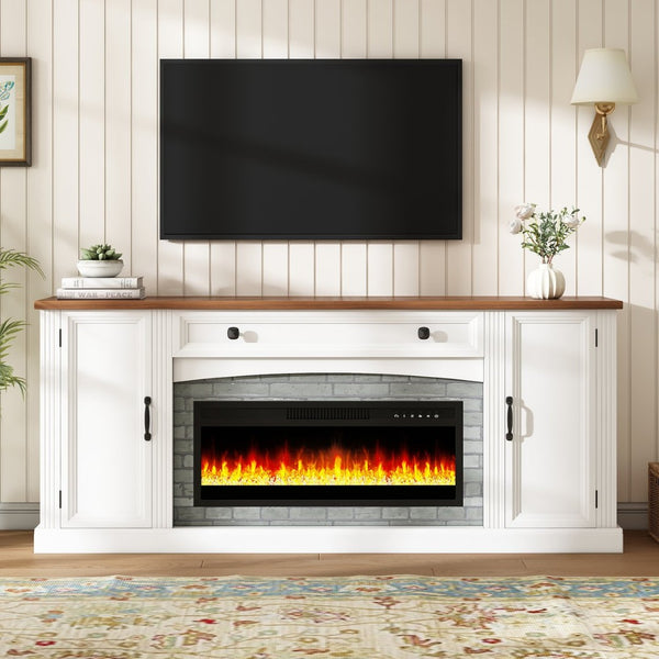 English Elm On-trend Farmhouse Electric Fireplace Console Walnut Veneer Media Cabinet for Living Room White N721S000069K