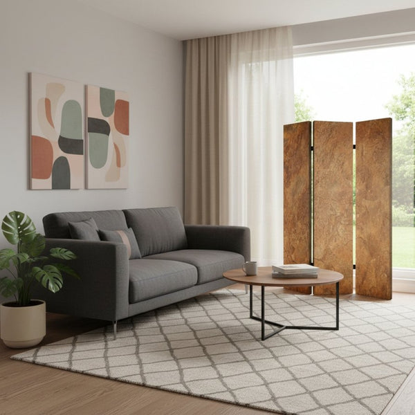 HomeRoots 48" Multi Color Wood Canvas Brown Marble Screen - Stylish 3-Panel Room Divider & Decor Accent 274667
