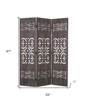 HomeRoots 52 Brown 3-Panel Wood Screen - Elegant Room Divider with Carved Details, Lightweight & Versatile Design 274668