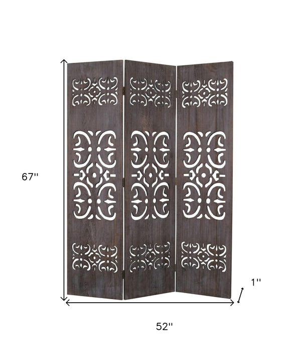 HomeRoots 52 Brown 3-Panel Wood Screen - Elegant Room Divider with Carved Details, Lightweight & Versatile Design 274668