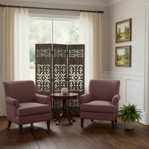 HomeRoots 52 Brown 3-Panel Wood Screen - Elegant Room Divider with Carved Details, Lightweight & Versatile Design 274668