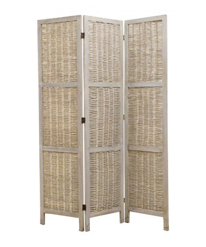 HomeRoots 52 Beige Wood Screen - Elegant Three-Panel Room Divider with Woven Willow for Indoor/Outdoor Use 274669