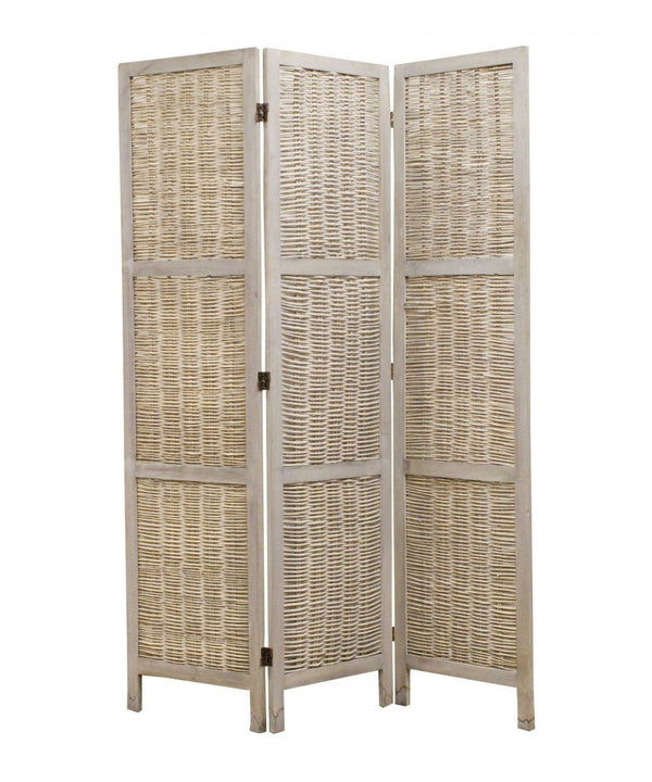 HomeRoots 52 Beige Wood Screen - Elegant Three-Panel Room Divider with Woven Willow for Indoor/Outdoor Use 274669