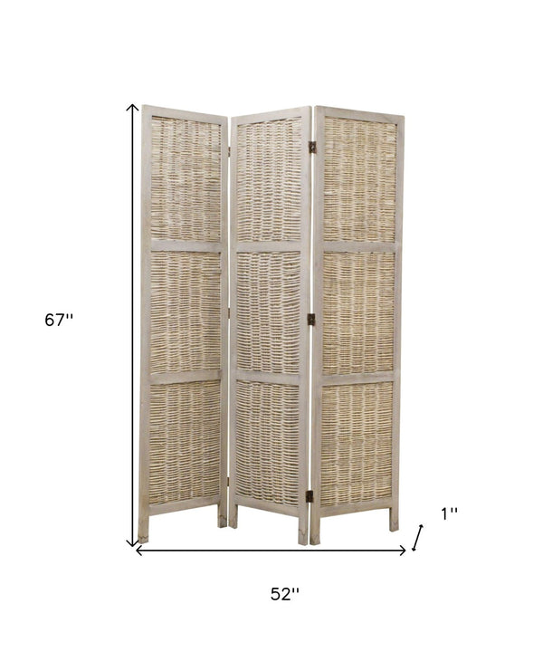 HomeRoots 52 Beige Wood Screen - Elegant Three-Panel Room Divider with Woven Willow for Indoor/Outdoor Use 274669