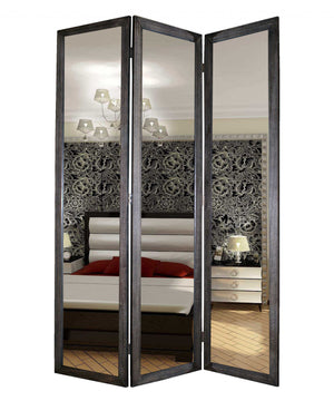 Homeroots 69" Black Wood And Mirrored Glass Folding Three Panel Screen Room Divider Black Glass 274676
