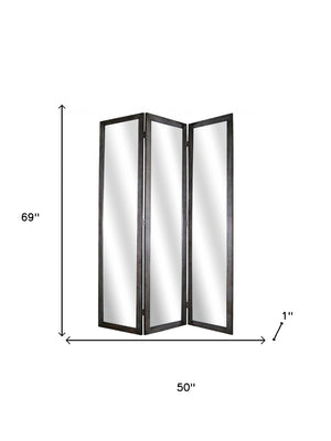 HomeRoots 69" Wood and Mirrored Glass Folding Three-Panel Screen Divider for Stylish Privacy and Space Design Black 274676