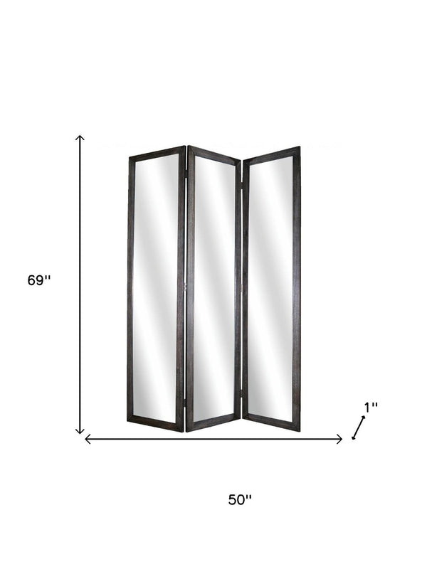 HomeRoots 69" Wood and Mirrored Glass Folding Three-Panel Screen Divider for Stylish Privacy and Space Design Black 274676