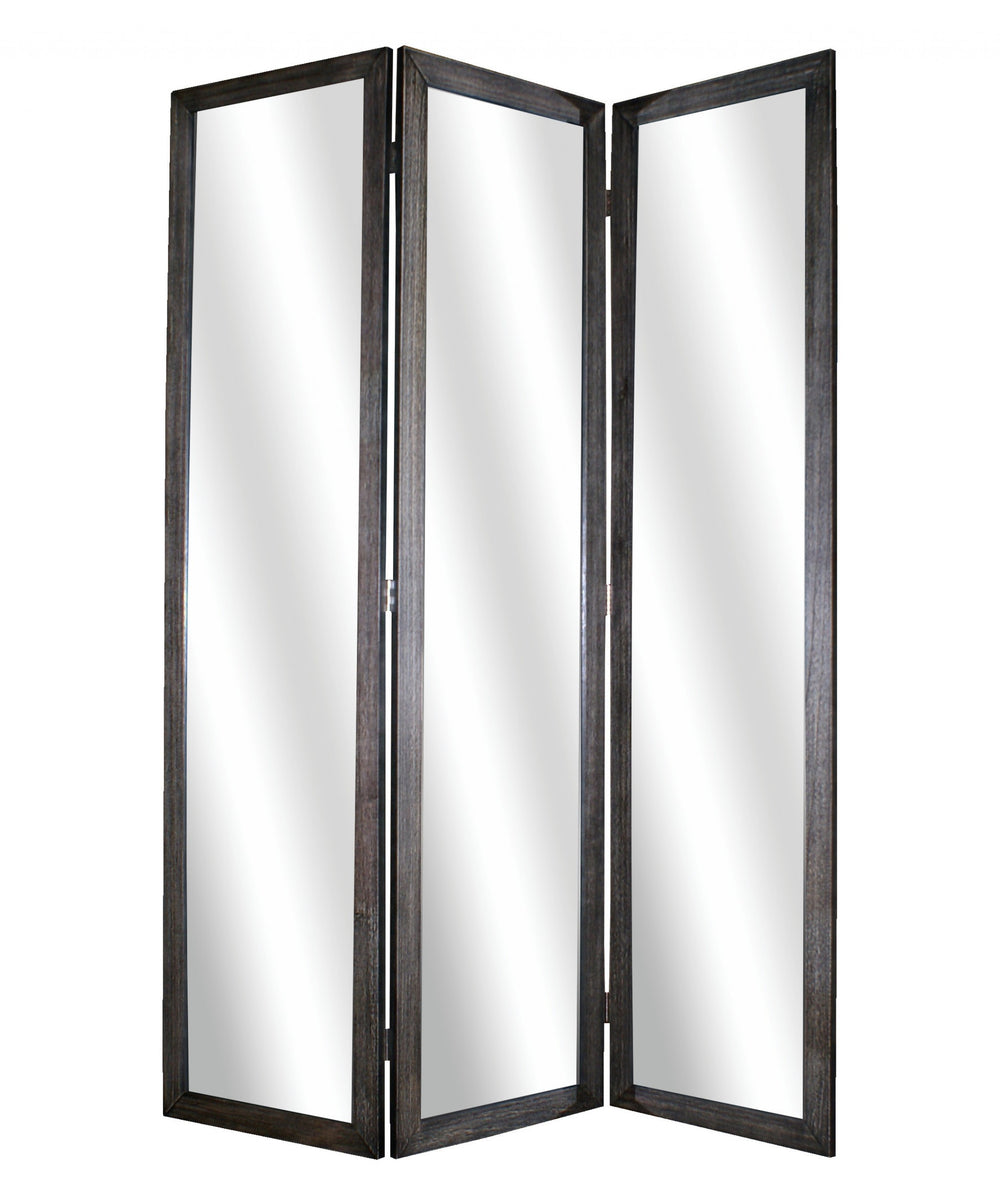 Homeroots 69" Black Wood And Mirrored Glass Folding Three Panel Screen Room Divider Black Glass 274676