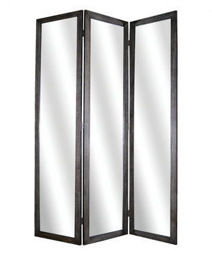 Homeroots 69" Black Wood And Mirrored Glass Folding Three Panel Screen Room Divider Black Glass 274676