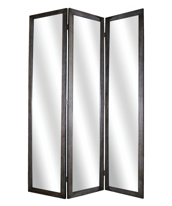 Homeroots 69" Black Wood And Mirrored Glass Folding Three Panel Screen Room Divider Black Glass 274676
