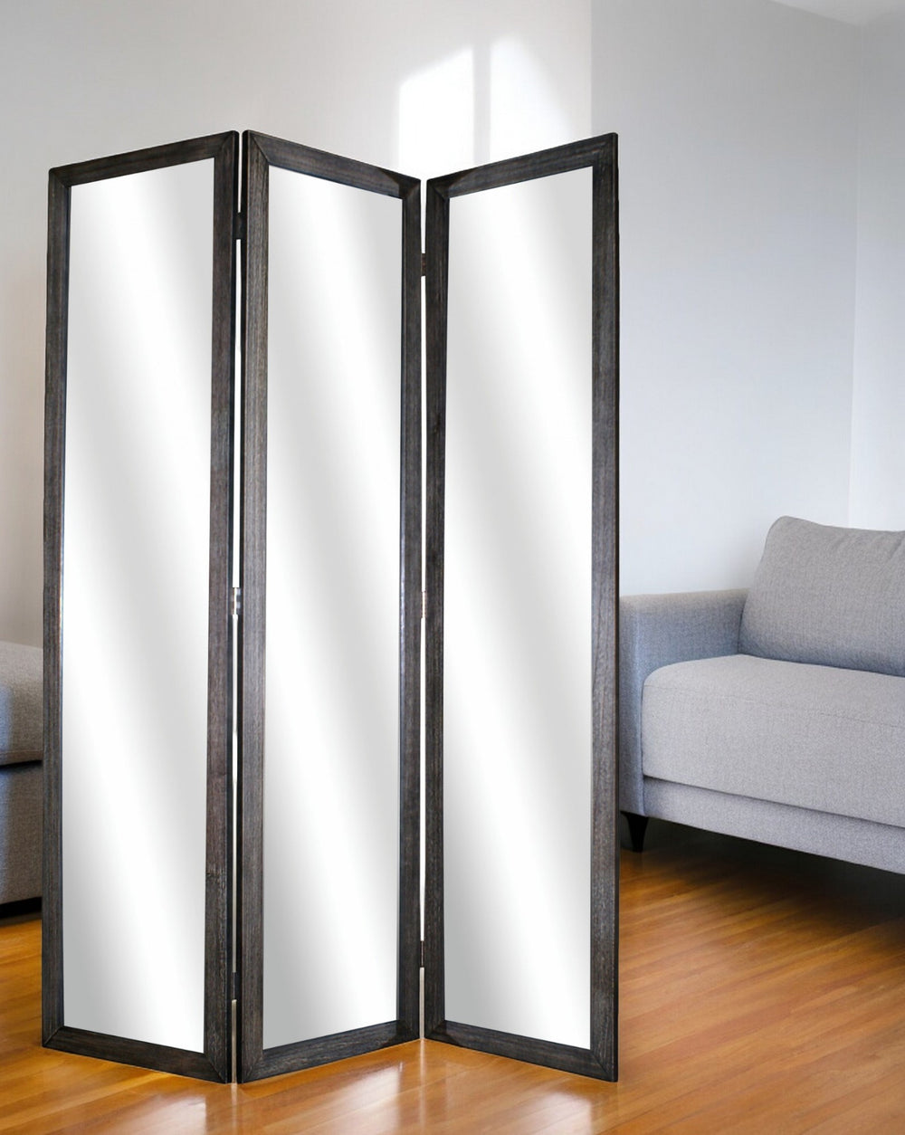 Homeroots 69" Black Wood And Mirrored Glass Folding Three Panel Screen Room Divider Black Glass 274676