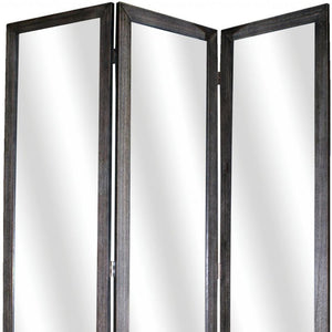 HomeRoots 69" Wood and Mirrored Glass Folding Three-Panel Screen Divider for Stylish Privacy and Space Design Black 274676