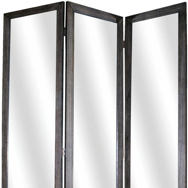 HomeRoots 69" Wood and Mirrored Glass Folding Three-Panel Screen Divider for Stylish Privacy and Space Design Black 274676