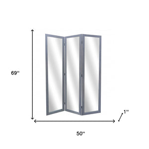 HomeRoots 69" Wood and Mirrored Glass Folding Three-Panel Screen Divider for Stylish Privacy and Space Design Gray 274679
