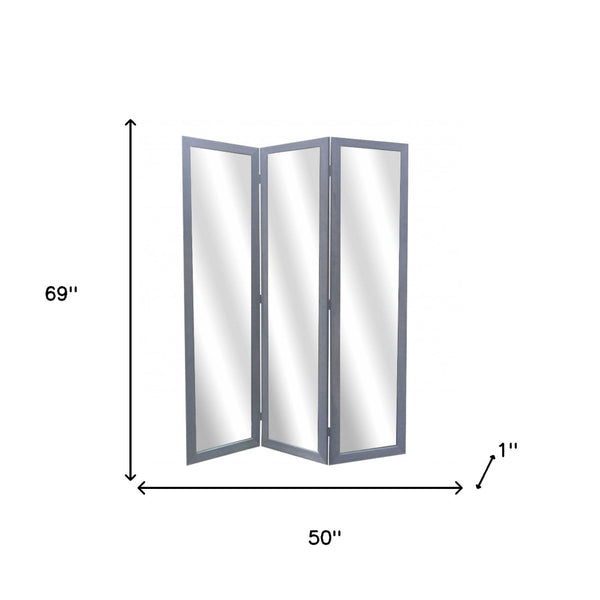 HomeRoots 69" Wood and Mirrored Glass Folding Three-Panel Screen Divider for Stylish Privacy and Space Design Gray 274679
