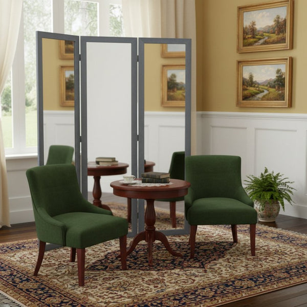 HomeRoots 69" Wood and Mirrored Glass Folding Three-Panel Screen Divider for Stylish Privacy and Space Design Gray 274679