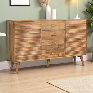 English Elm Solid Mango Wood Nordic Chest with 4 Drawers Open Shelves and Tapered Legs B182P279170