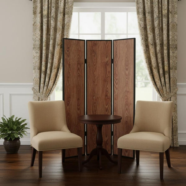 HomeRoots 47 Elegant Brown Wood Room Screen - Three-Panel Privacy Divider with Leather Trim for Stylish Spaces 274689