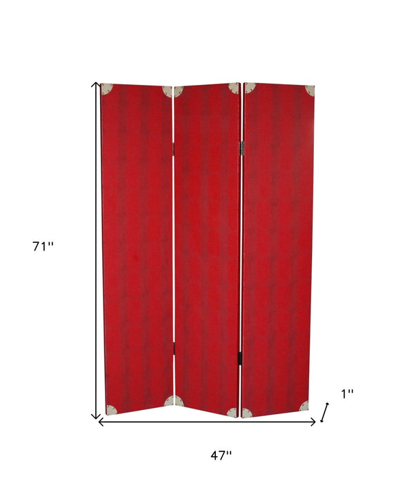 HomeRoots 47 Elegant Red Wood Folding Room Screen with Crocodile-Textured Panels for Privacy & Decor 274691