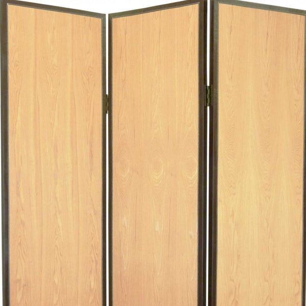 HomeRoots 47 Natural Wood Folding Screen - Elegant 3-Panel Room Divider with Leather Trim for Stylish Privacy 274692