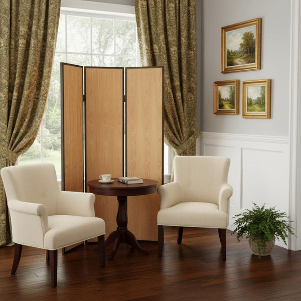 HomeRoots 47 Natural Wood Folding Screen - Elegant 3-Panel Room Divider with Leather Trim for Stylish Privacy 274692