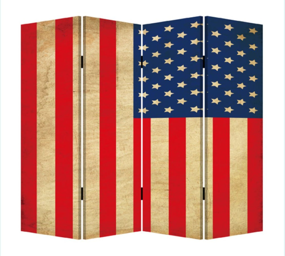 HomeRoots 84" Red Natural And Blue American Flag Room Divider - Vintage Canvas Folding Screen for Privacy & Style 274693