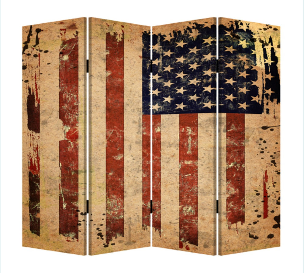 HomeRoots 84" Red Natural And Blue American Flag Room Divider - Vintage Canvas Folding Screen for Privacy & Style 274693