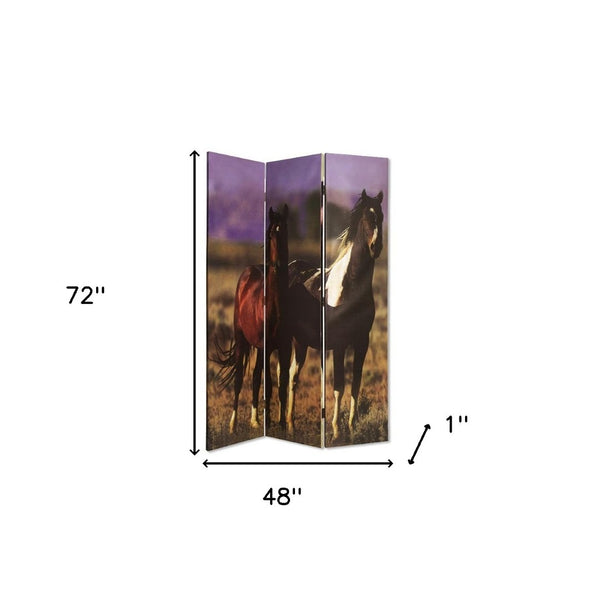 HomeRoots 48" X 72" Multi Color Canvas Screen - Elegant Three-Panel Room Divider with Stunning Equine Art 274695