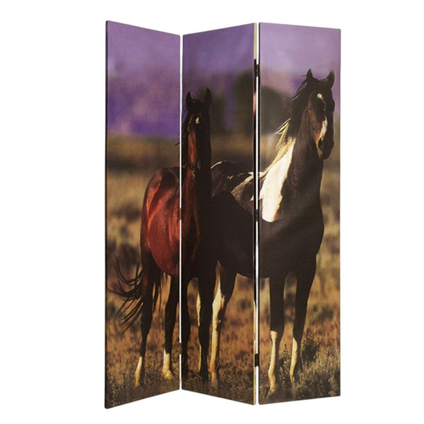 HomeRoots 48" X 72" Multi Color Canvas Screen - Elegant Three-Panel Room Divider with Stunning Equine Art 274695