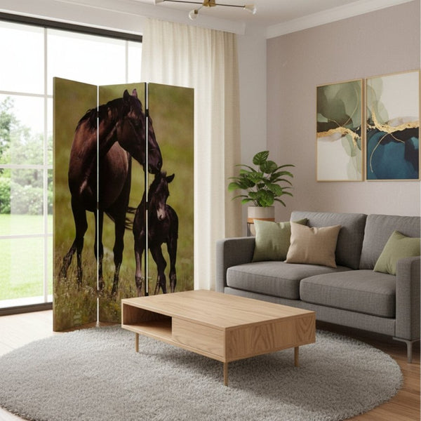 HomeRoots 48" X 72" Multi Color Canvas Screen - Elegant Three-Panel Room Divider with Stunning Equine Art 274695