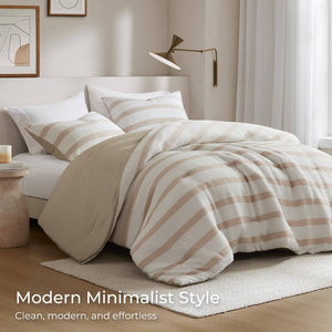 English Elm 3-piece Yarn-dyed Woven Stripe Comforter Set with Seersucker Texture for Full Queen Beds Taupe B035P463216