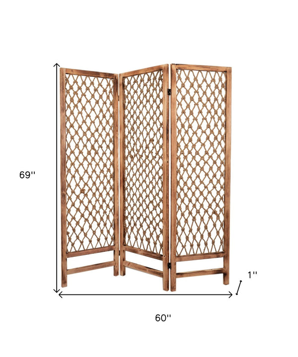 HomeRoots 60 Natural Rope Wooden Screen - Stylish Three-Panel Room Divider for Chic Indoor & Outdoor Spaces 274700